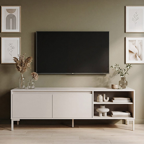 Meuble TV 2 portes 2 niches beige 150 cm - Ronda