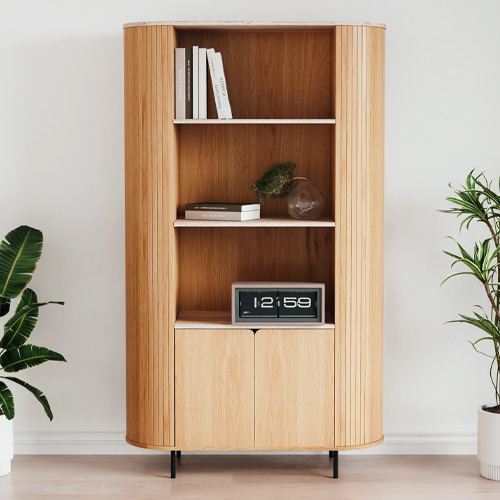 Buffet haut 2 portes 3 niches effet Chêne et Travertin 100 cm - Juna