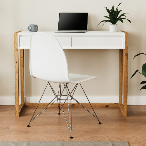 Bureau 2 tiroirs blanc et effet Chêne 100 cm - Nora