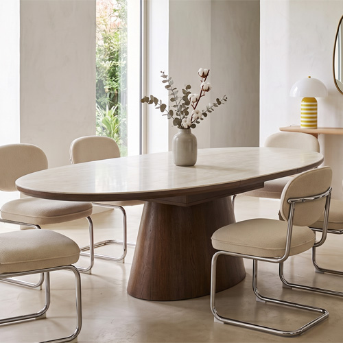 Table à manger extensible en chêne foncé et céramique effet Travertin 6 à 8 personnes 170/220 cm - Ora