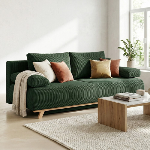 EN ARRET - Canapé convertible 3 places avec coffre de rangement en velours côtelé vert - Laria