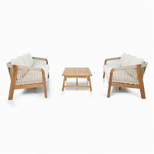 Salon de jardin 6 places en bois FSC - 2 canapes 3 pl. et table basse - beige - Symi
