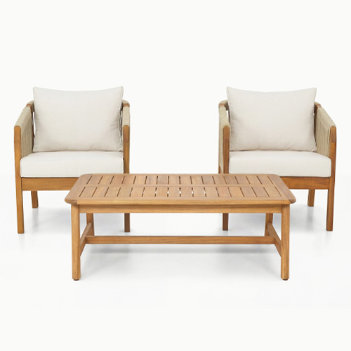 Salon de jardin 2 places en bois FSC - 2 fauteuils et table basse - beige - Symi