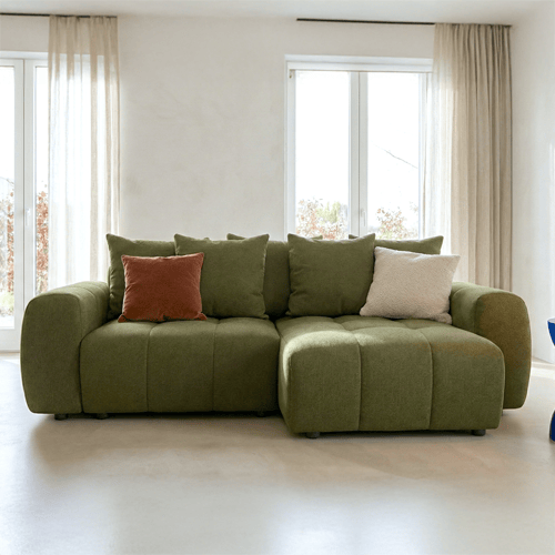 Canapé d'angle convertible réversible 4 places avec coffre de rangement en tissu chenille vert olive - Rivoli