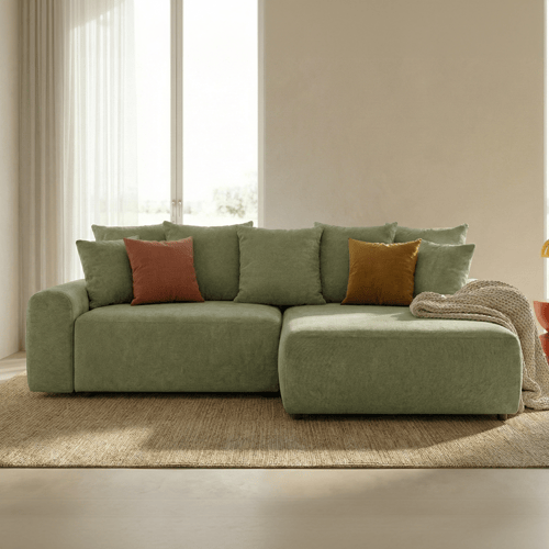 Canapé d'angle convertible réversible 4 places avec coffre de rangement en tissu chenille vert olive - Monceau
