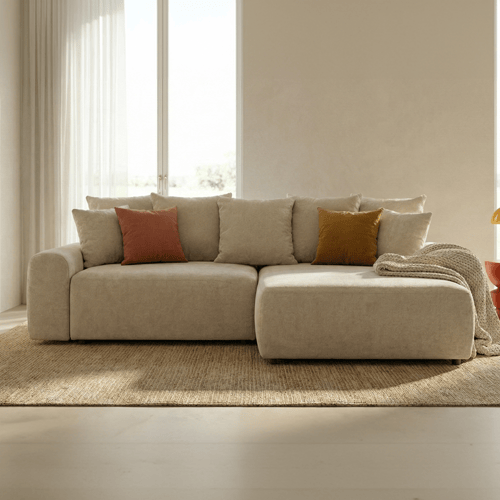 Canapé d'angle convertible réversible 4 places avec coffre de rangement en tissu chenille beige - Monceau