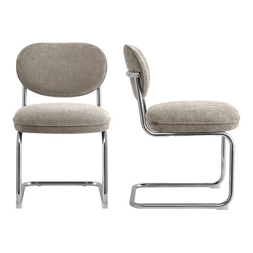 Lot de 2 chaises de salle à manger en tissu chenille taupe, piètement chromé - Lou