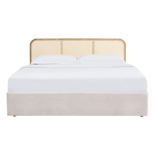 Lit coffre adulte 160x200 cm en velours côtelé beige avec tête de lit en bois et cannage - Elsa