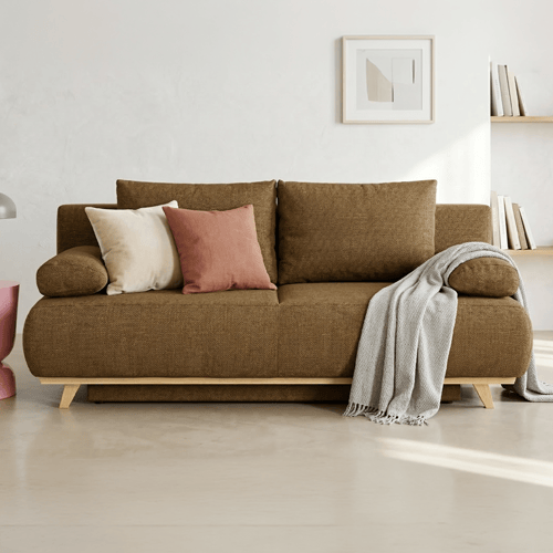 Canapé convertible 3 places avec coffre de rangement en tissu chenille bronze - Laria