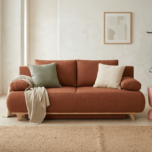 Canapé convertible 3 places avec coffre de rangement en tissu chenille terracotta - Laria