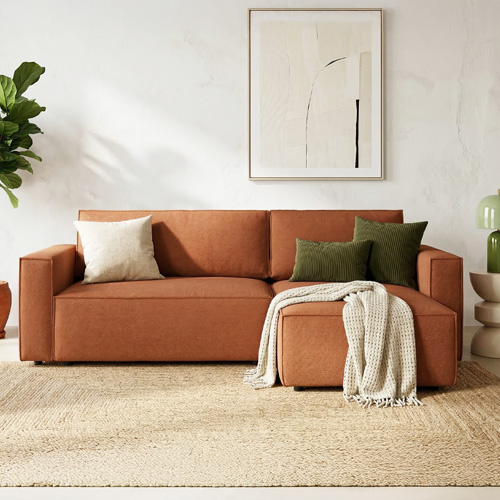 Canapé d'angle convertible réversible 4 places avec coffre de rangement en tissu chenille terracotta - Livia