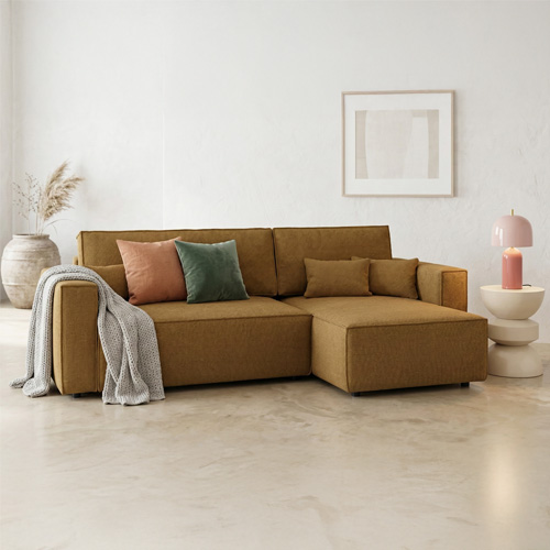 Canapé d'angle convertible réversible 4 places avec coffre de rangement en tissu chenille bronze - Livia