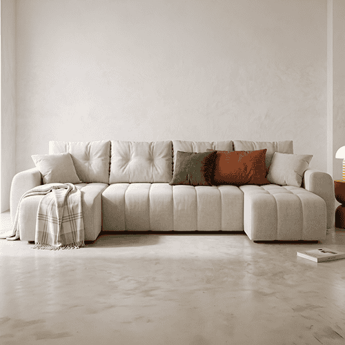 Canapé panoramique convertible 6 places en tissu chenille beige - Alba