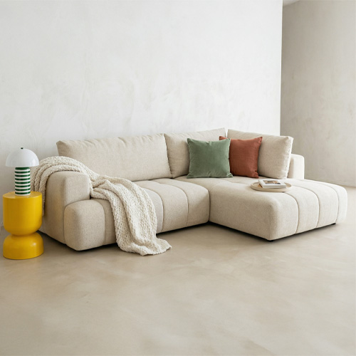 Canapé d'angle à droite convertible 4 places en tissu chenille beige - ouverture rapide - Brera