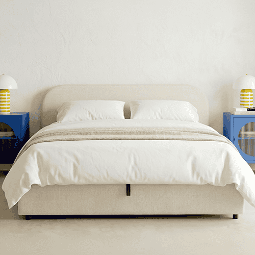 Lit coffre adulte 140x190 cm avec tête de lit en tissu chenille beige - Cassis