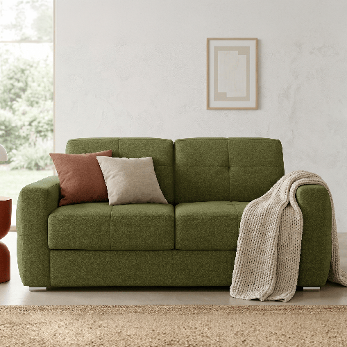 Canapé capitonné convertible 3 places en tissu chenille vert olive - ouverture express - Cassian