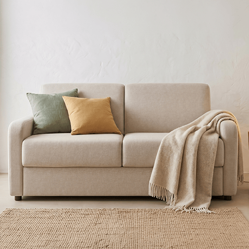 Canapé droit convertible 3 places en tissu chenille beige - ouverture express - Lumio