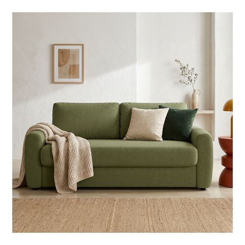 Canapé droit convertible 3 places en tissu chenille vert olive - ouverture express - Salvia