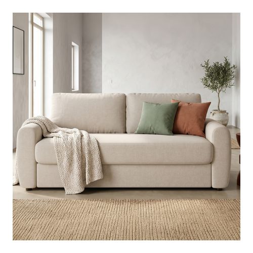 Canapé droit convertible 3 places en tissu chenille beige - ouverture express - Salvia