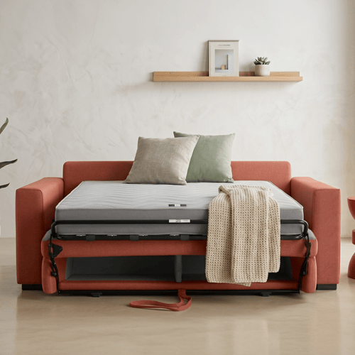 Canapé droit convertible 3 places en tissu chenille terracotta - ouverture express - Anzio