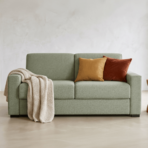 Canapé droit convertible 3 places en tissu chenille vert sauge - ouverture express - Anzio