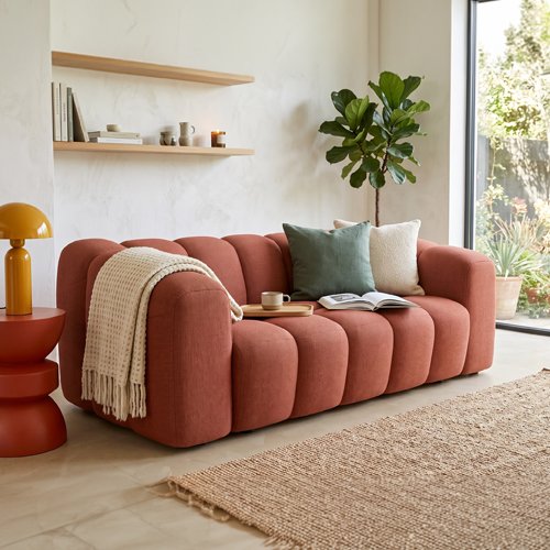Canapé capitonné 3 places en tissu chenille terracotta - Belleville