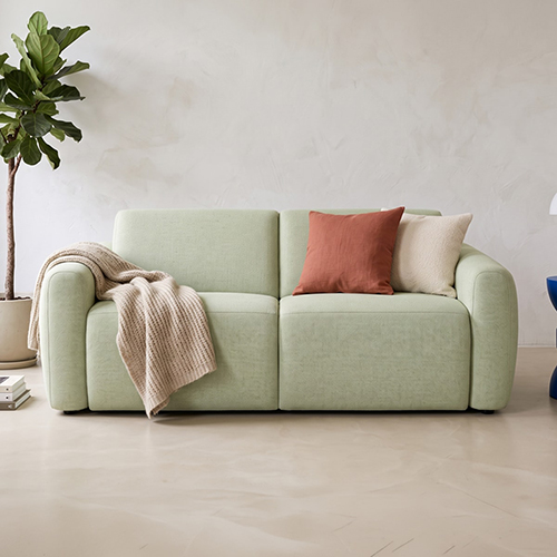 Canapé droit convertible 3 places en tissu chenille vert sauge - ouverture express - Suzie