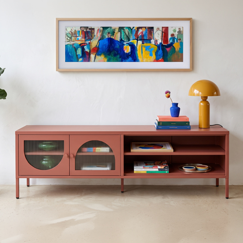 Meuble TV 2 portes 2 niches en métal terracotta 160 cm - Ysia