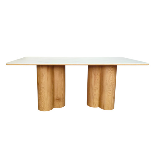 Table à manger rectangulaire 8 pers. en céramique effet Marbre blanc et piètement effet bois 180x90 cm - Kaolin