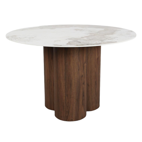 Table à manger ronde 4 pers. en céramique effet Marbre gris Pandora et piètement effet noyer Ø150 cm - Brescia