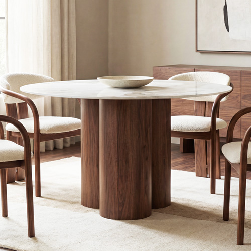 Table à manger ronde 4 pers. en céramique effet Marbre gris Pandora et piètement effet noyer Ø150 cm - Brescia