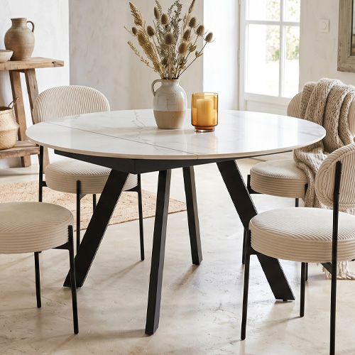 Table à manger ronde extensible 3/6 pers. en céramique effet Marbre gris Pandora et piètement noir 90/150x90 cm - Circe
