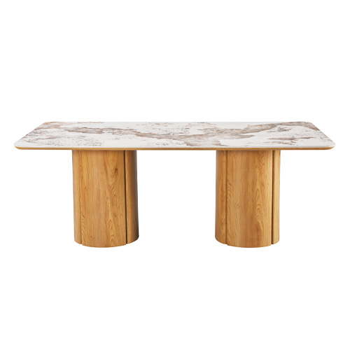 Table à manger rectangulaire 8 pers. en céramique effet Marbre gris Pandora et piètement effet Chêne 200x100 cm - Sibylle