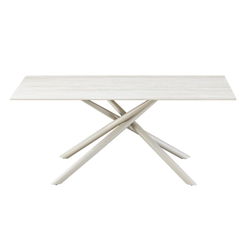 Table à manger rectangulaire 8 pers. en céramique effet Travertin et piètement blanc 180x90 cm - Nevel