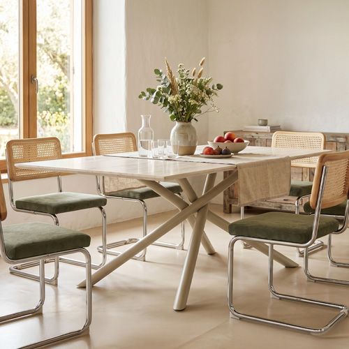 Table à manger rectangulaire 8 pers. en céramique effet Travertin et piètement blanc 180x90 cm - Nevel