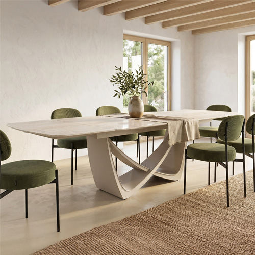 Table à manger rectangulaire extensible 8/12 pers. en céramique effet Travertin et piètement blanc 200/300x100 cm - Thule