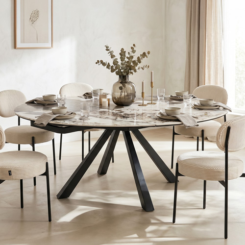 Table à manger extensible automatique 6/8 pers. en céramique effet Marbre gris Pandora et piètement noir 115/190x115 cm - Mugla