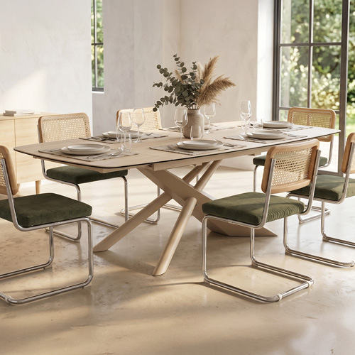 Table à manger rectangulaire extensible 8/10 pers. en céramique effet Travertin et piètement beige 180/260x98 cm - Tundra