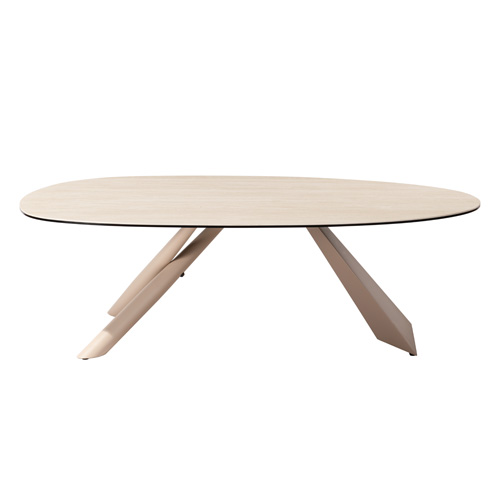 Table basse ovale en céramique effet Travertin et piètement beige 120x72 cm - Tundra