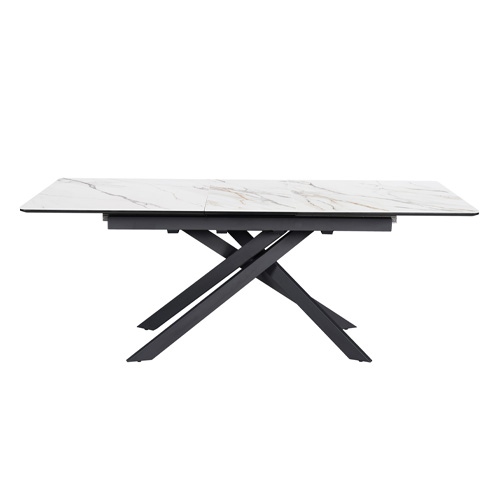 Table à manger rectangulaire extensible 6/8 pers. en céramique effet Marbre blanc et piètement noir 160/200x89,5 cm - Sivas