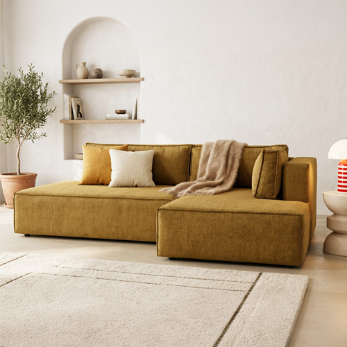 Canapé d'angle à droite convertible 3 places avec coffre en tissu chenille bronze - Barani