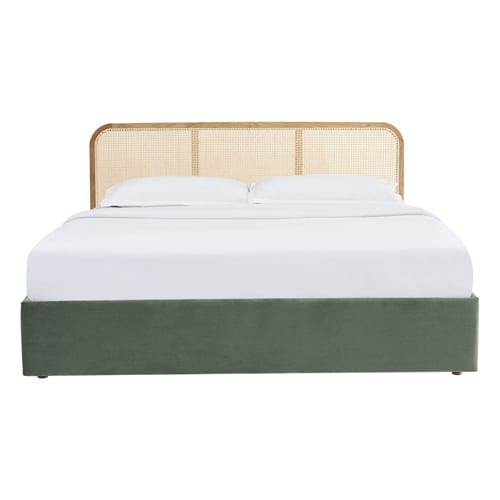 Lit coffre adulte 140x190 cm en velours côtelé vert avec tête de lit en bois et cannage - Elsa