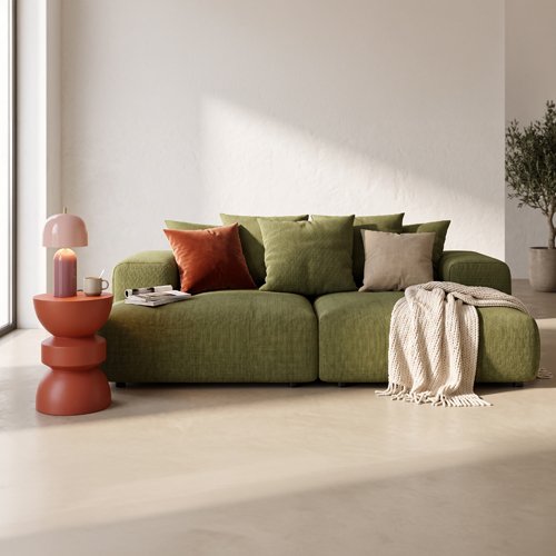 Canapé droit 3 places assise profonde en tissu chenille vert olive - Belvia