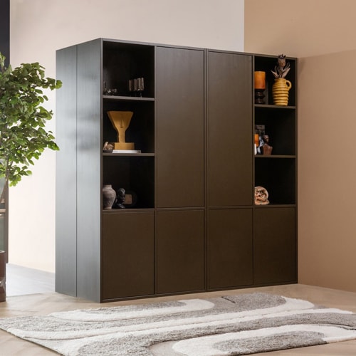 Buffet haut 3 portes - 3 niches à gauche - en pin cannelé brun moyen 108 cm - Meggy