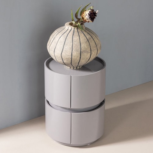 Table de chevet cylindrique 2 tiroirs laquée gris clair Ø40 cm - Lunex