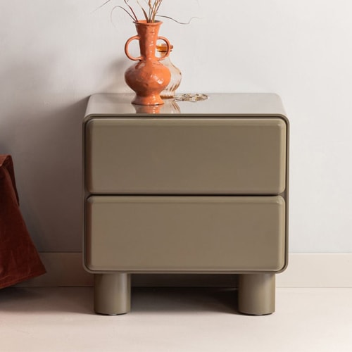 Table de chevet 2 tiroirs laquée vert kaki brillant 57 cm - Lustra