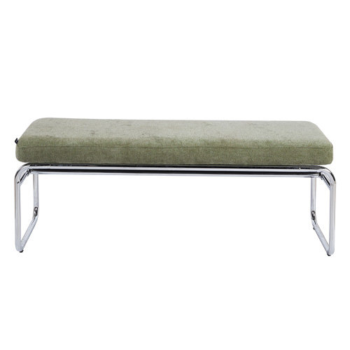 Banc en tissu chenille vert olive et métal chromé 130 cm - Garett