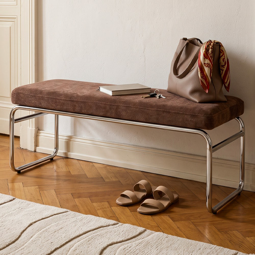 Banc en tissu chenille marron et métal chromé 130 cm - Garett