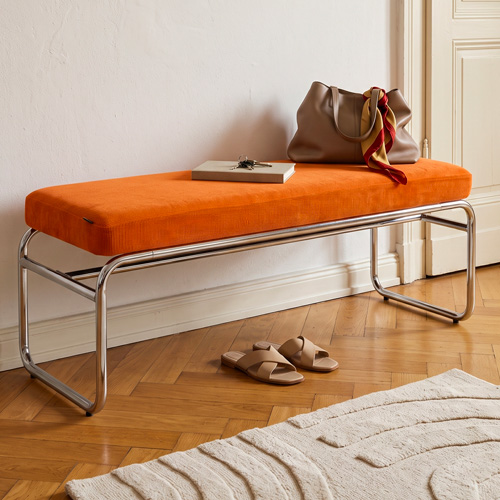 Banc en velours côtelé orange et métal chromé 130 cm - Garett