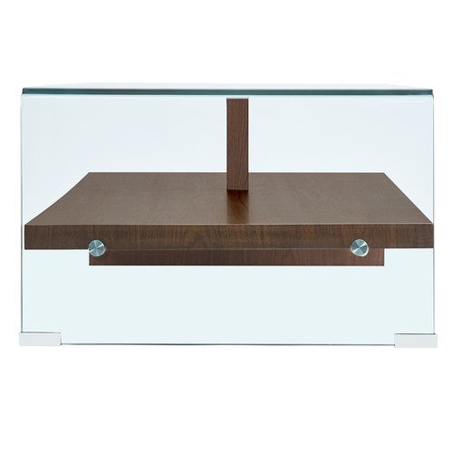 Table basse rectangulaire en verre trempé avec étagère effet noyer 110 cm - Valko